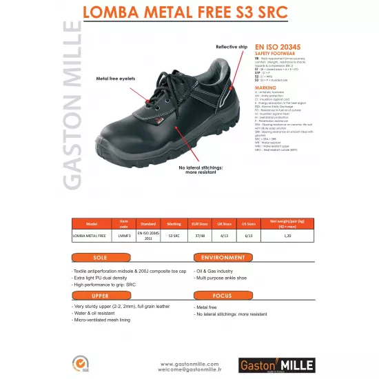 Aizsardzības kurpes bez metāla, Gaston Mille Lomba Metal Free S3 SRC image