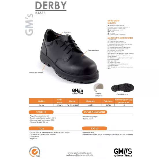 Aizsardzības kurpes platai pēdai, Gaston Mille Derby S3 SRC Darba apavi, Darba apavi image