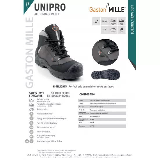 Darba drošības zābaki, Gaston Mille Unipro S3 AN HI CI SRC Darba apavi, Darba zābaki image
