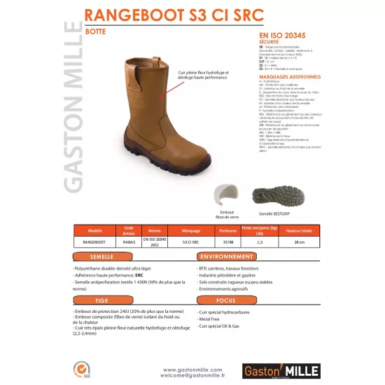 Darba zābaki no kvalitatīvas ādas Rangeboot S3 CI SRC, Gaston Mille Darba apavi, Darba zābaki, Liela izmēra darba apavi image