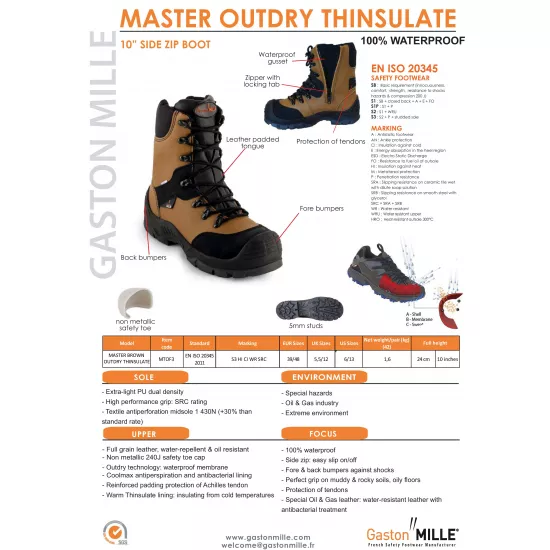 Silti darba zābaki, Gaston Mille Master Brown Outdry Thinsulate S3 HI CI WR SRC Darba apavi, Darba zābaki, Ziemas darba zābaki image